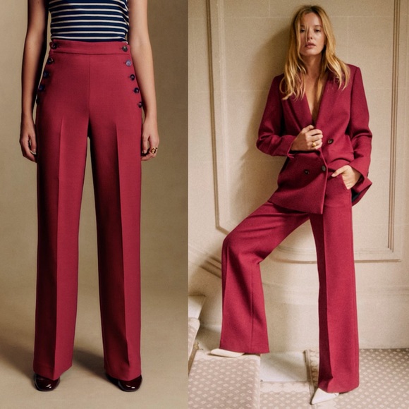 Sezane Pants - Sezane- Marino Trousers Burgundy High Waisted Pants Size FR 38/ US Medium